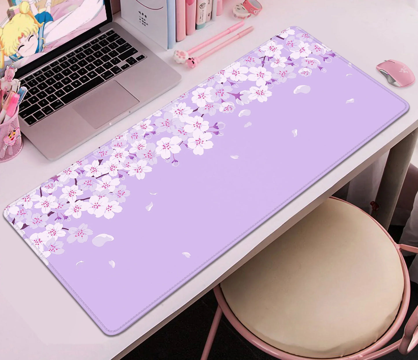 Tapis de Bureau Sakura Violet Pastel - Collection Fleurs Japonaises Kawaii