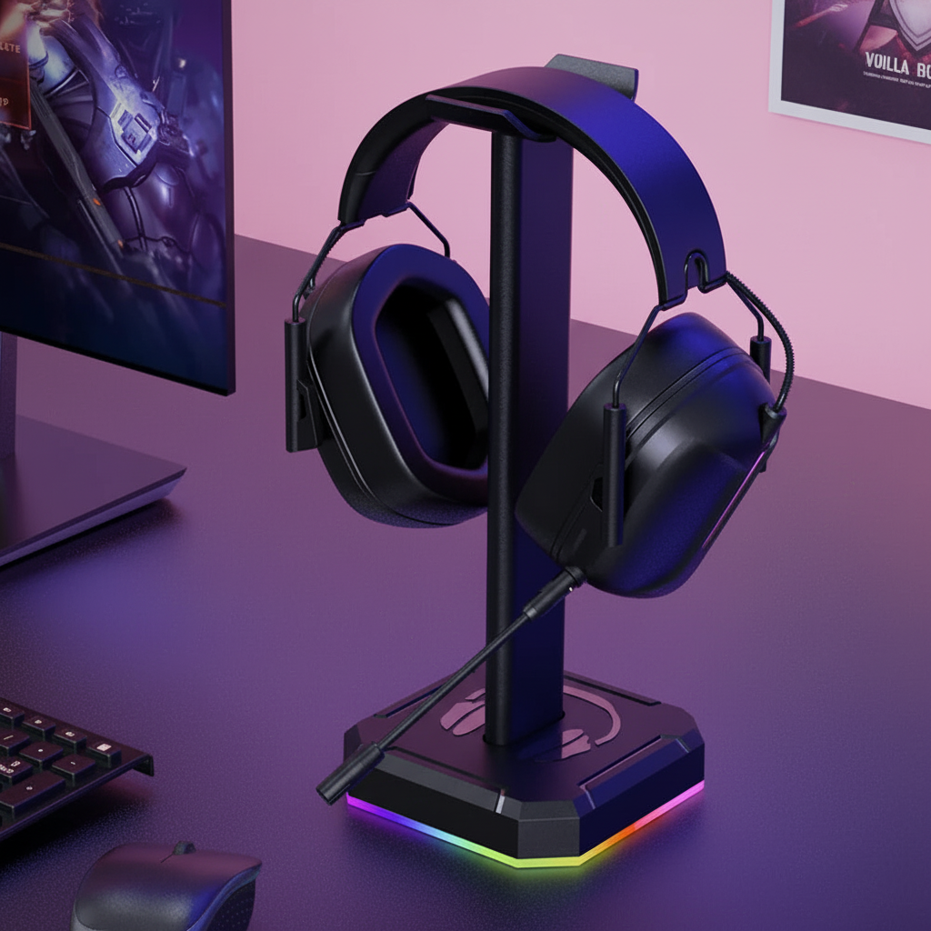 Casque gaming noir avec fond rose