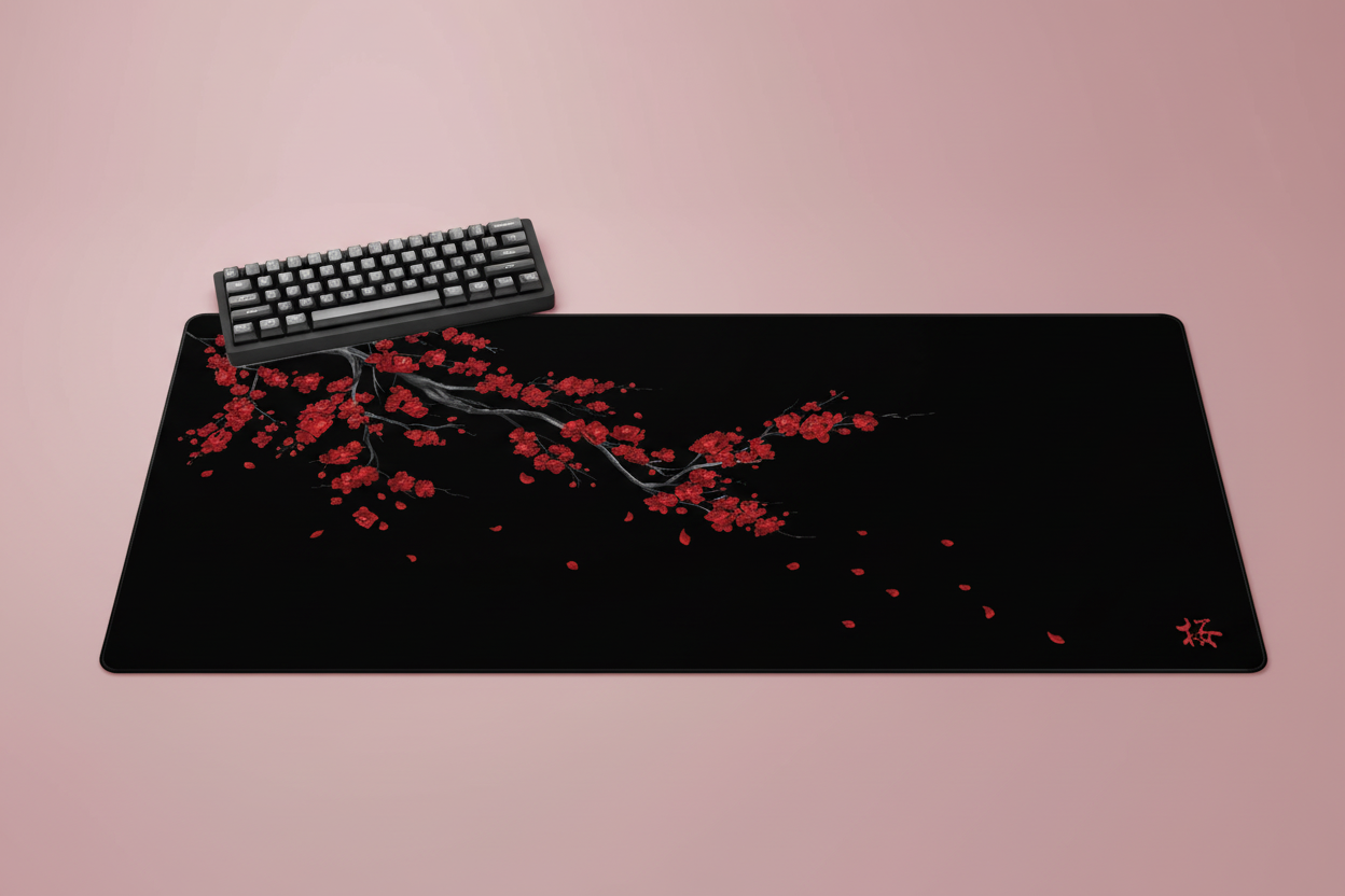 Tapis noir fleurs rouges sur fond rose