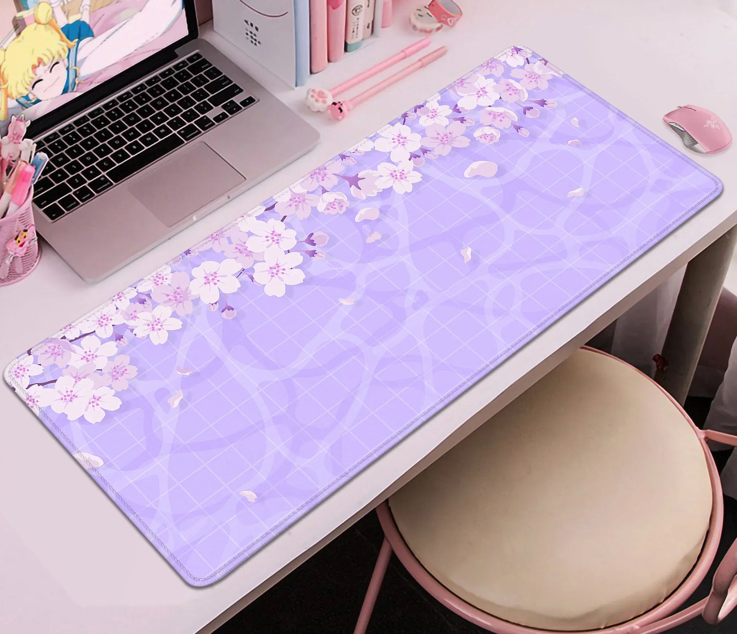 Tapis de Bureau Sakura Violet Pastel - Collection Fleurs Japonaises Kawaii