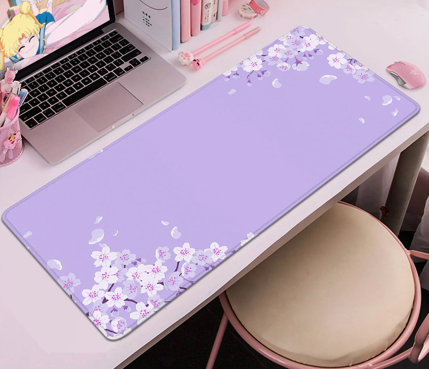 Tapis de Bureau Sakura Violet Pastel - Collection Fleurs Japonaises Kawaii