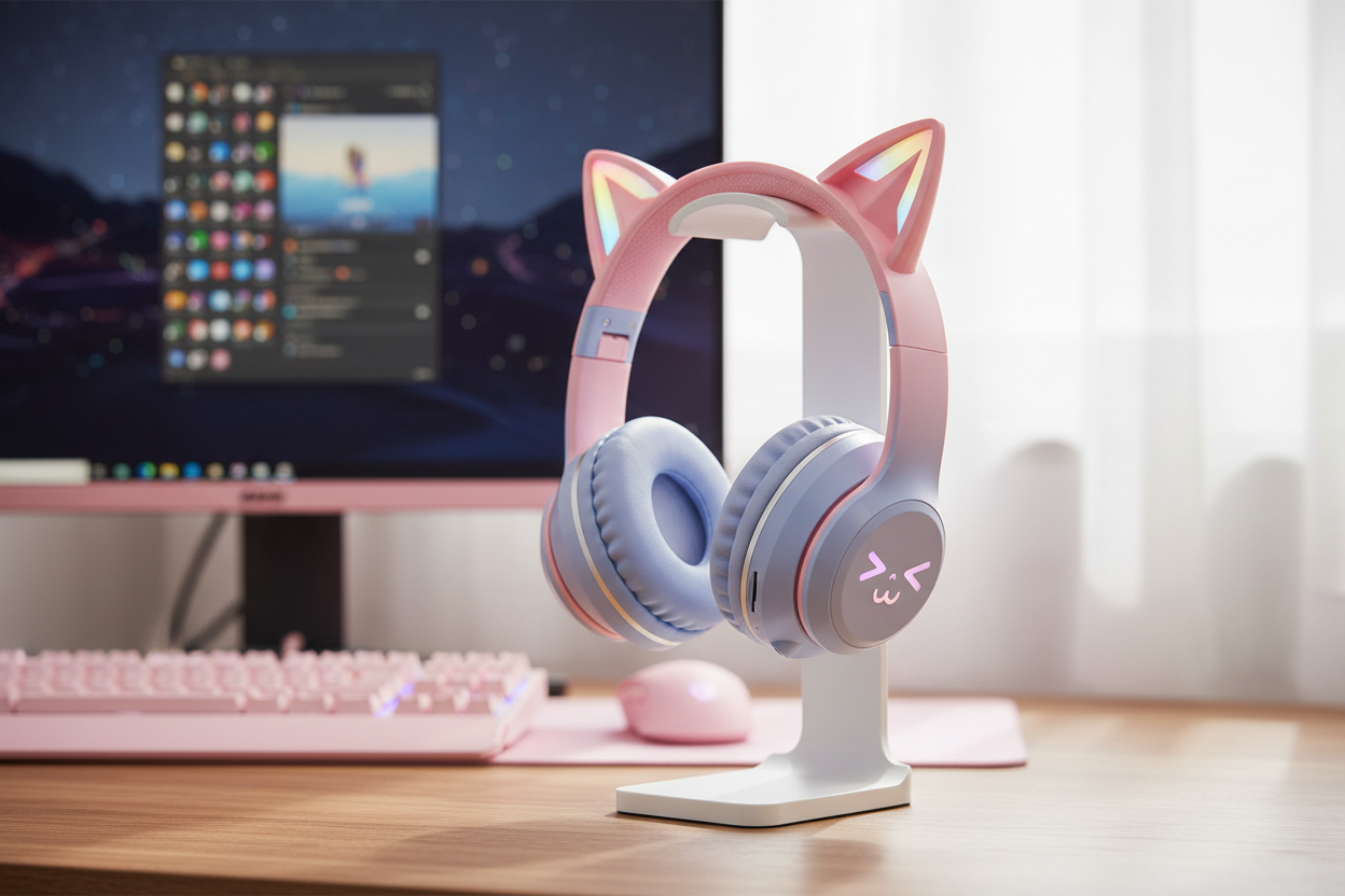 Casque gaming rose lavande sur setup réel