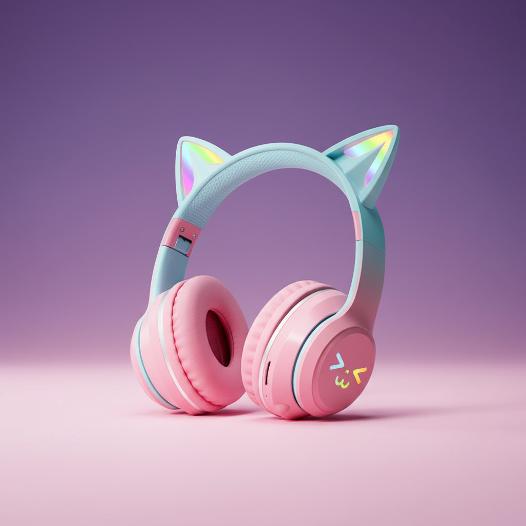 Casque rose bleu fond violet-rose