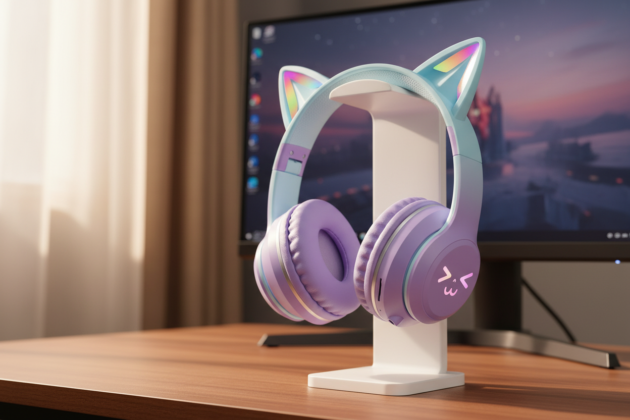 Casque violet lavande sur setup gaming réel