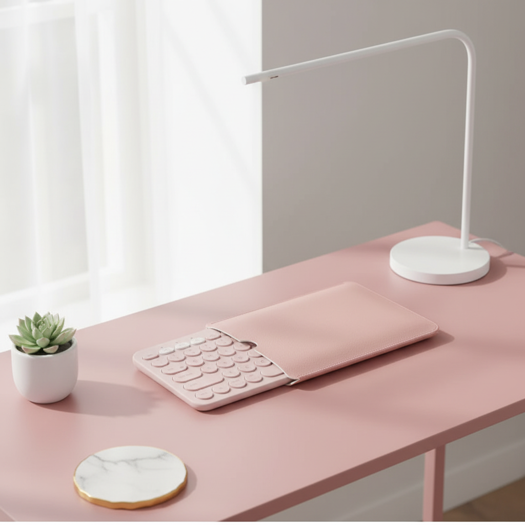 Clavier et pochette rose sur bureau chic