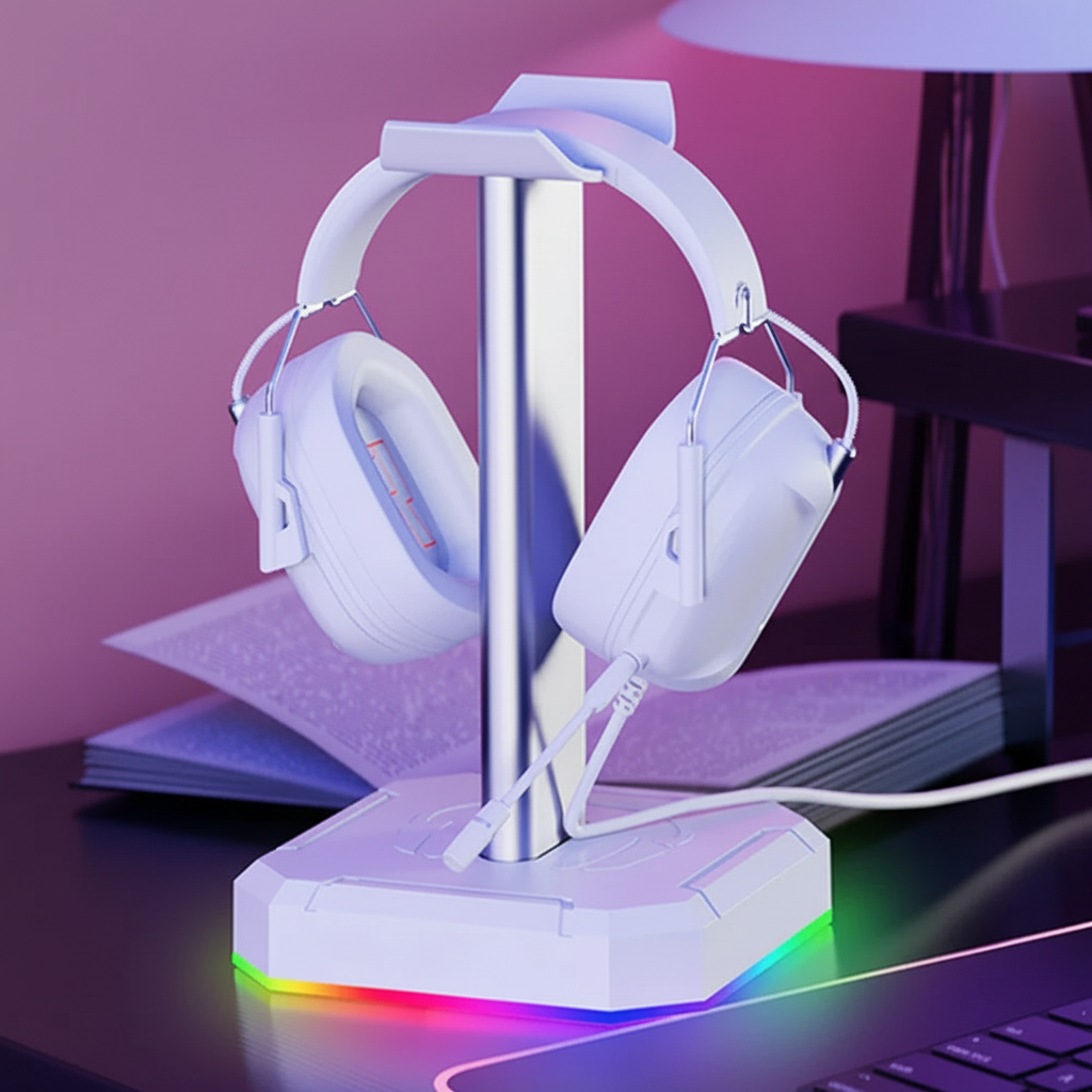 Support casque gaming avec fond rose