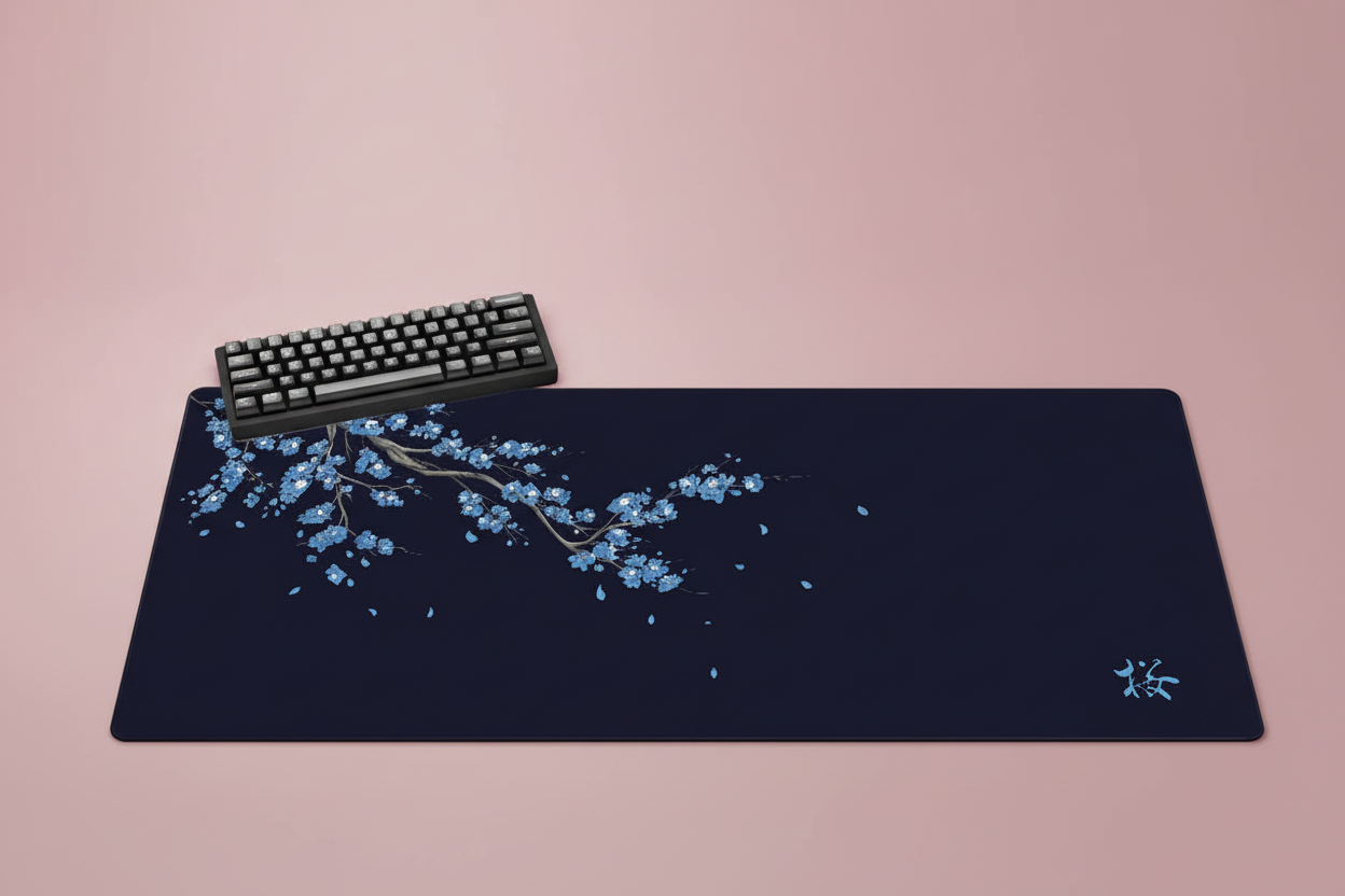 Tapis bleu fleurs bleues sur fond rose