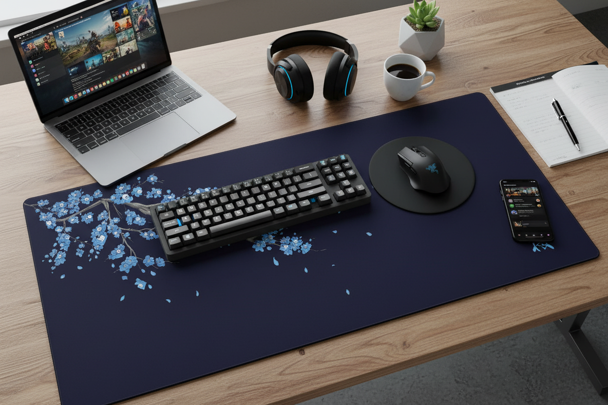 Tapis bleu Sakura avec vrais accessoires et ordinateur