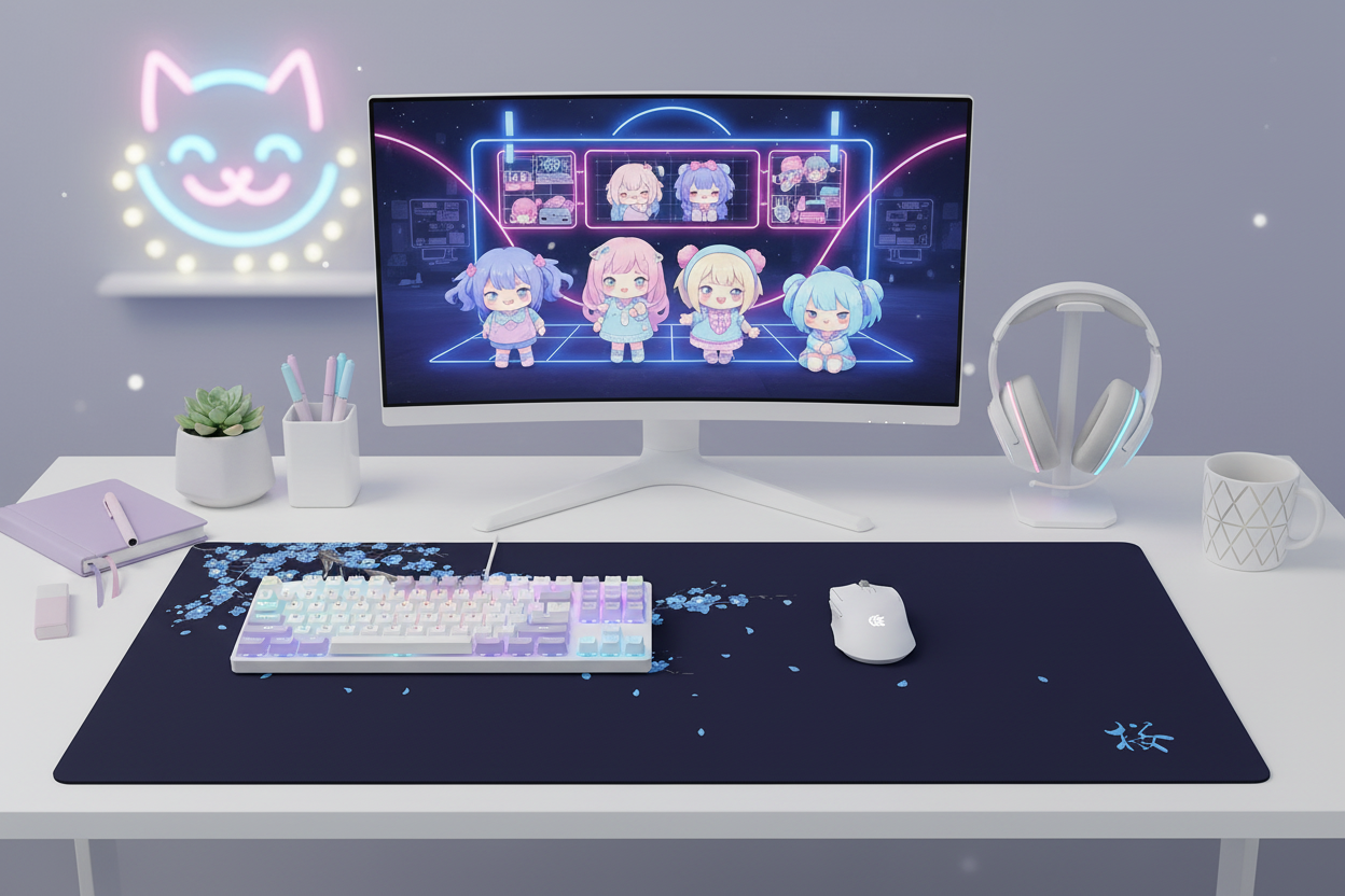 Tapis bleu Sakura dans un setup gaming mixte