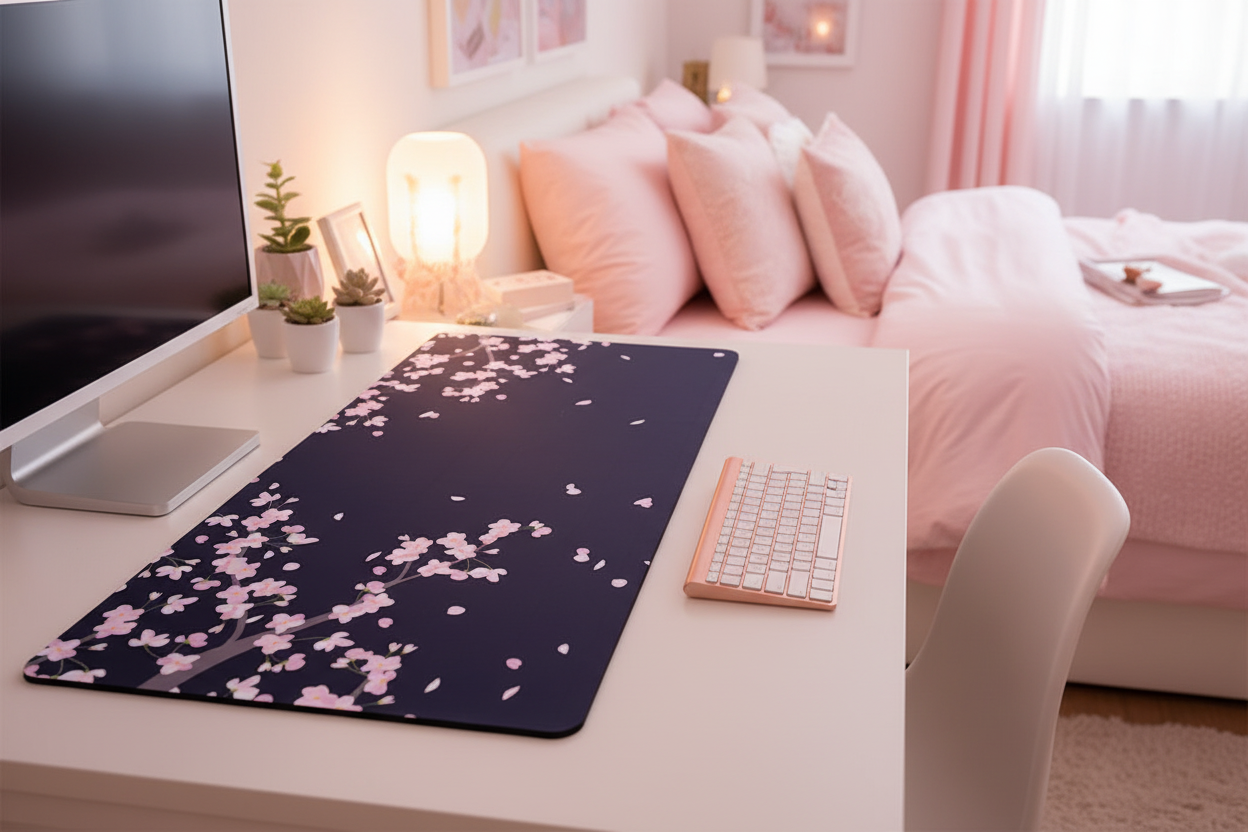 Tapis Sakura bleu dans chambre rose