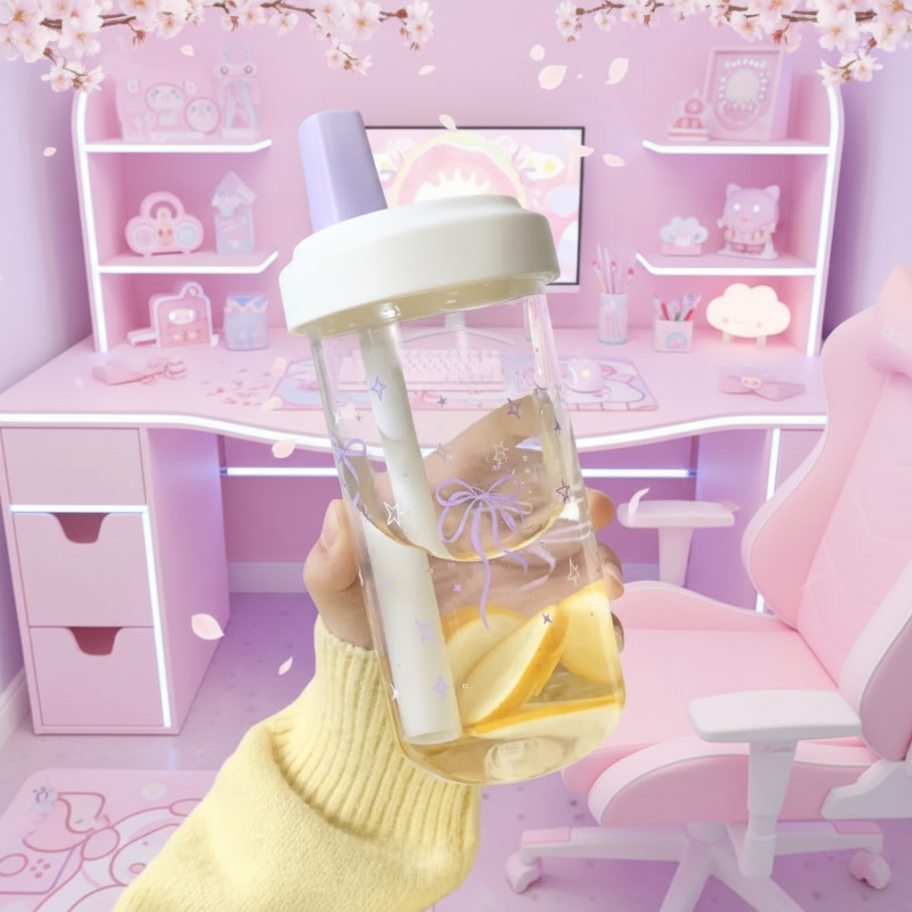 Verres 500ml tasse de paille nœud papillon grande capacité bouteille d'eau en plastique tasse à café bulle thé café