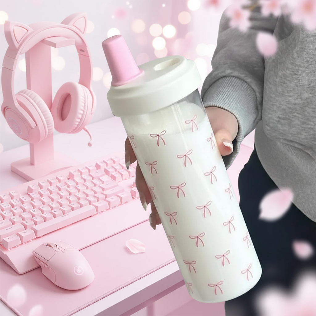 Tasse kawaii nœuds roses fond gaming