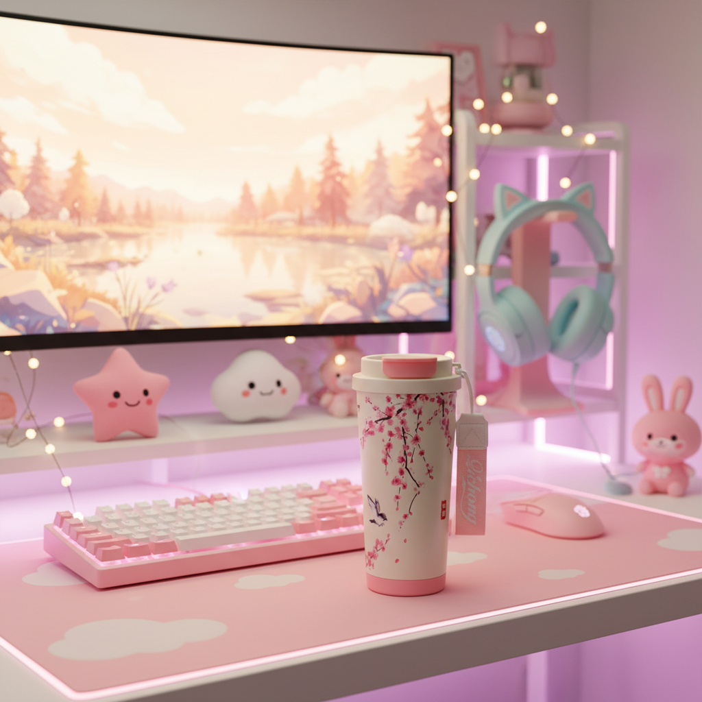 Tasse Sakura dans un setup gaming kawaii